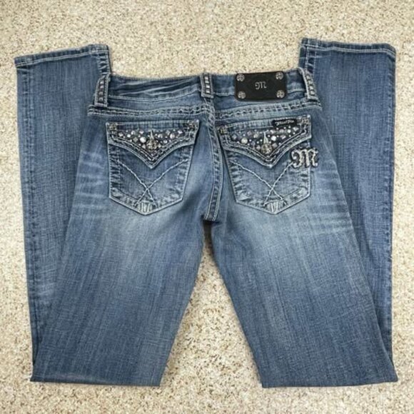 Miss Me Jeans 26 Straight MK 3D Rhinestone Flap Pocket Denim Buckle Exclusive - Picture 1 of 11